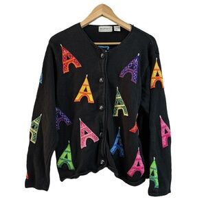 Vintage BellePointe Women's Large Paris Cardigan‎ in Black Knit w/Eiffel Tower